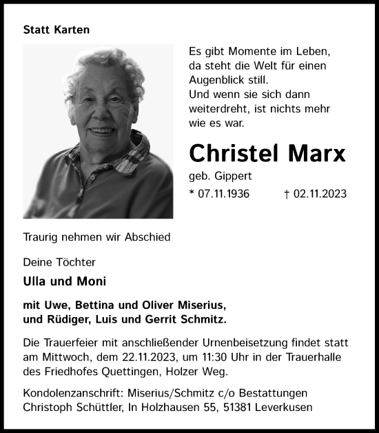 Anzeige von Christel Marx von Kölner Stadt-Anzeiger / Kölnische Rundschau / Express