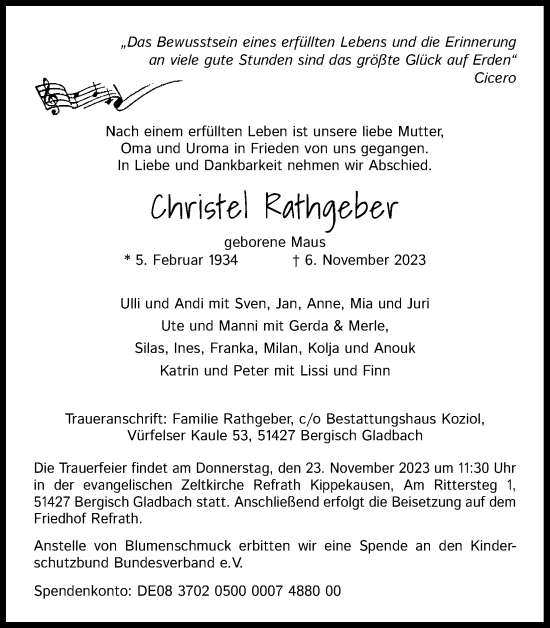 Anzeige von Christel Rathgeber von Kölner Stadt-Anzeiger / Kölnische Rundschau / Express