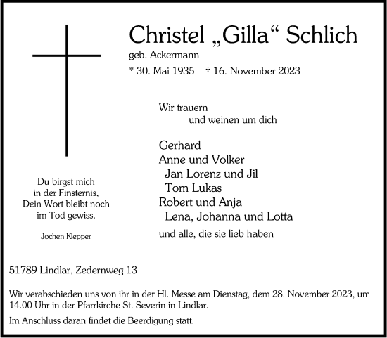 Anzeige von Christel Schlich von Kölner Stadt-Anzeiger / Kölnische Rundschau / Express