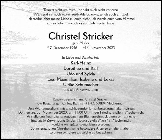 Anzeige von Christel Stricker von  Blickpunkt Euskirchen 