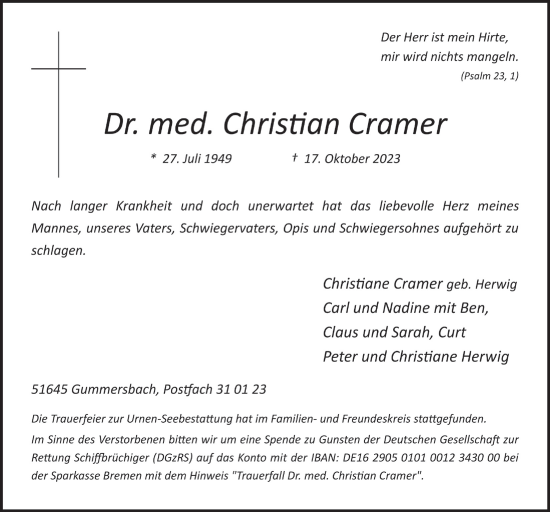 Anzeige von Christian Cramer von  Anzeigen Echo 