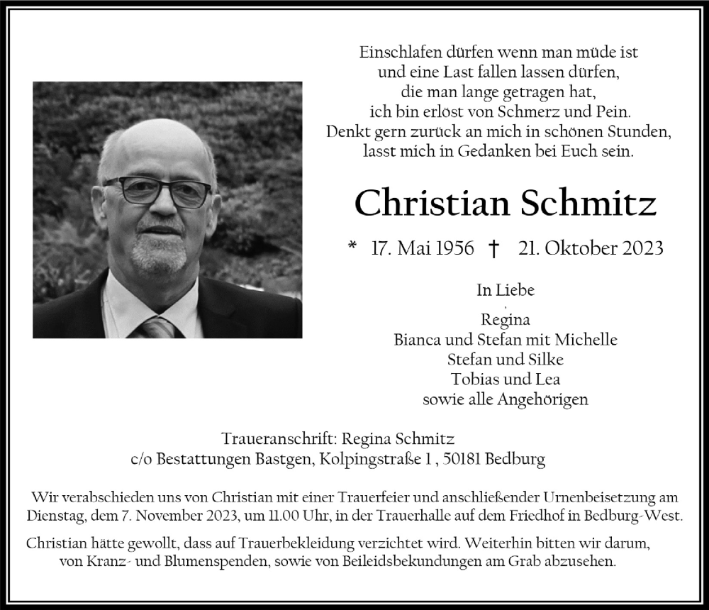  Traueranzeige für Christian Schmitz vom 03.11.2023 aus  Werbepost 