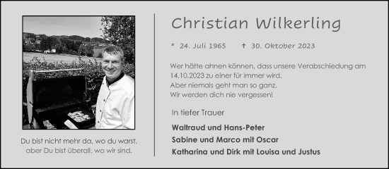 Anzeige von Christian Wilkerling von Kölner Stadt-Anzeiger / Kölnische Rundschau / Express