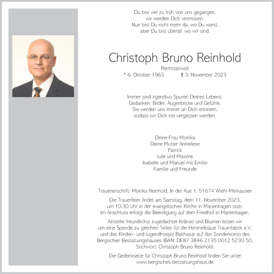Anzeige von Christoph Bruno Reinhold von Kölner Stadt-Anzeiger / Kölnische Rundschau / Express