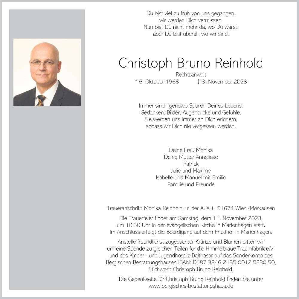  Traueranzeige für Christoph Bruno Reinhold vom 10.11.2023 aus Kölner Stadt-Anzeiger / Kölnische Rundschau / Express
