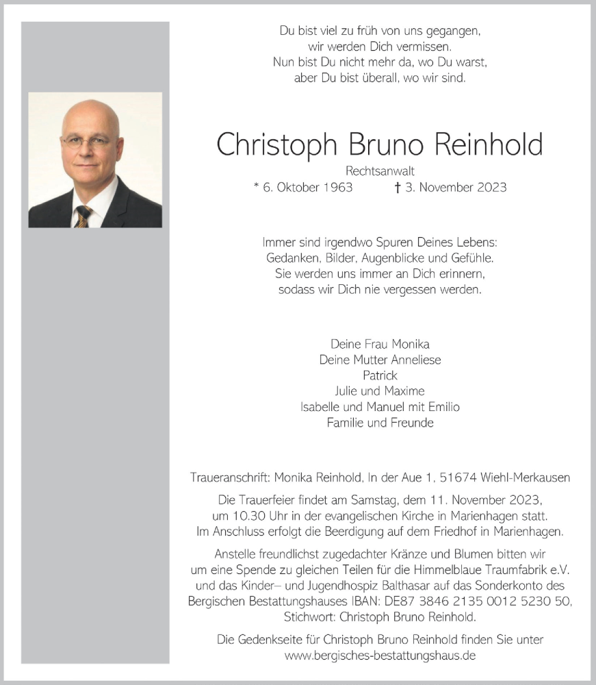  Traueranzeige für Christoph Bruno Reinhold vom 10.11.2023 aus  Anzeigen Echo 