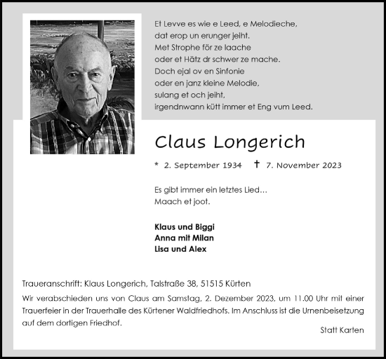 Anzeige von Claus Longerich von  Bergisches Handelsblatt 
