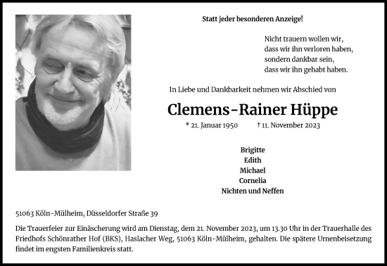 Anzeige von Clemens-Rainer Hüppe von Kölner Stadt-Anzeiger / Kölnische Rundschau / Express