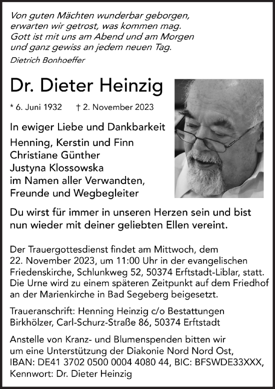Anzeige von Dieter Heinzig von  Werbepost 