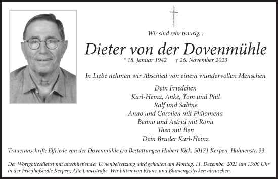 Anzeige von Dieter von der Dovenmühle von  Werbepost 
