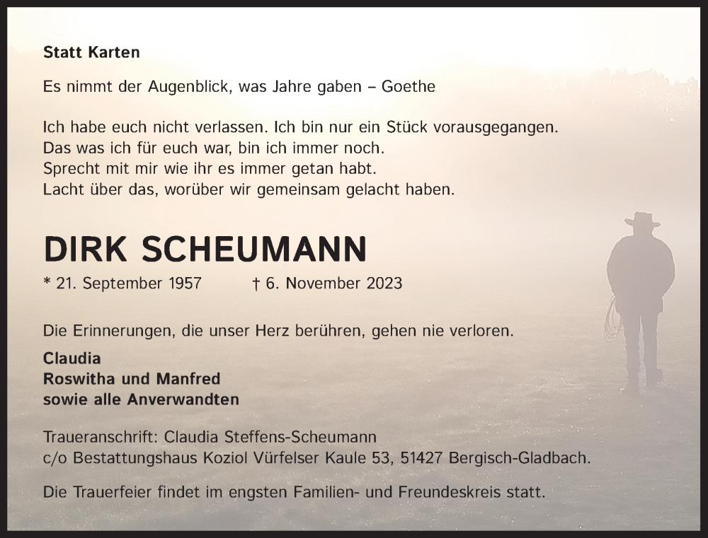  Traueranzeige für Dirk Scheumann vom 11.11.2023 aus Kölner Stadt-Anzeiger / Kölnische Rundschau / Express