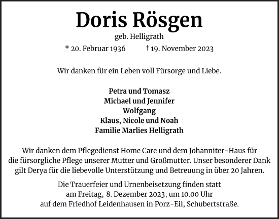 Anzeige von Doris Rösgen von  EXPRESS - Die Woche 