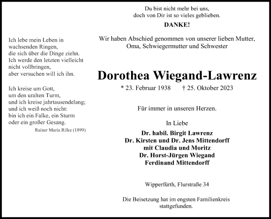 Anzeige von Dorothea Wiegand-Lawrenz von Kölner Stadt-Anzeiger / Kölnische Rundschau / Express