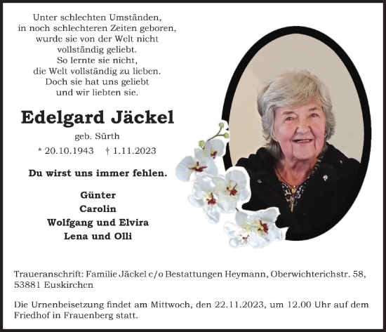 Anzeige von Edelgard Jäckel von  Blickpunkt Euskirchen 