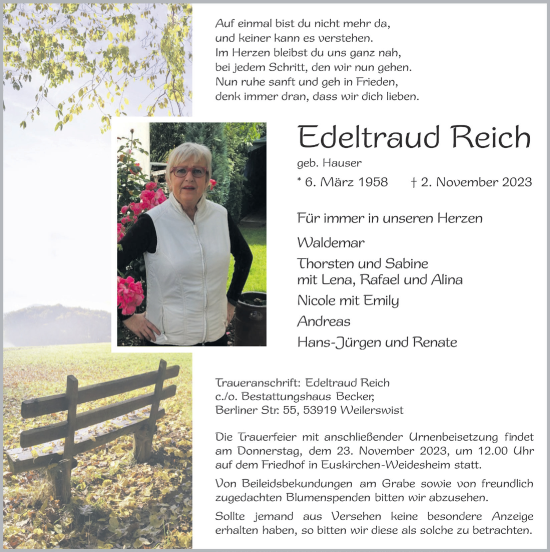 Anzeige von Edeltraud Reich von  Blickpunkt Euskirchen 