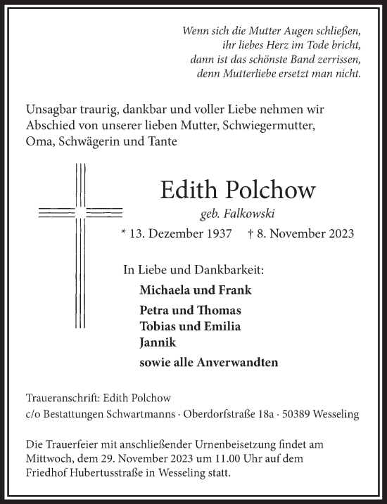 Anzeige von Edith Polchow von  Schlossbote/Werbekurier 
