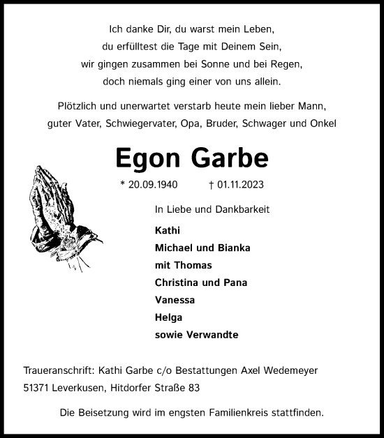 Anzeige von Egon Garbe von Kölner Stadt-Anzeiger / Kölnische Rundschau / Express