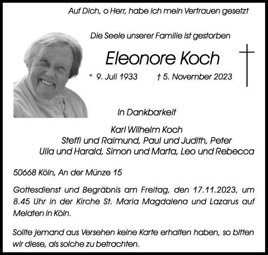 Anzeige von Eleonore Koch von Kölner Stadt-Anzeiger / Kölnische Rundschau / Express