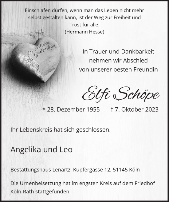 Anzeige von Elfi Schöpe von  EXPRESS - Die Woche 