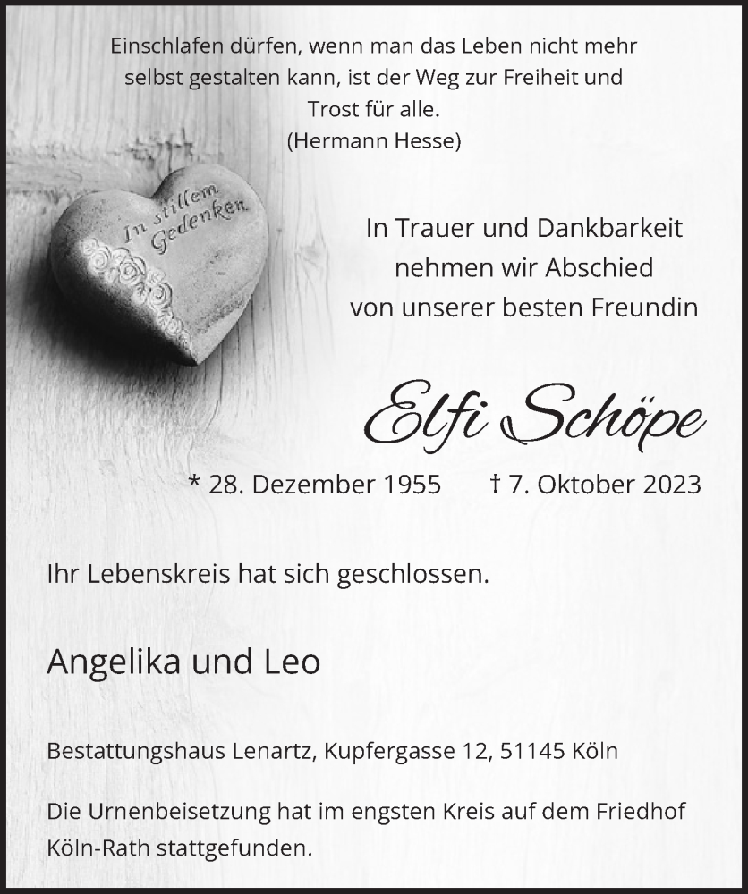  Traueranzeige für Elfi Schöpe vom 17.11.2023 aus  EXPRESS - Die Woche 