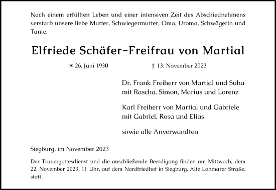 Anzeige von Elfriede Schäfer Freifrau von Martial von Kölner Stadt-Anzeiger / Kölnische Rundschau / Express