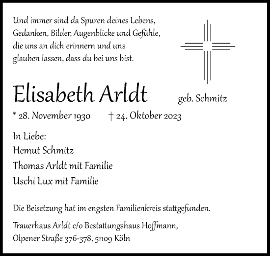 Anzeige von Elisabeth Arldt von Kölner Stadt-Anzeiger / Kölnische Rundschau / Express