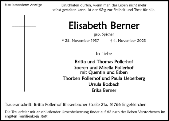 Anzeige von Elisabeth Berner von  Anzeigen Echo 
