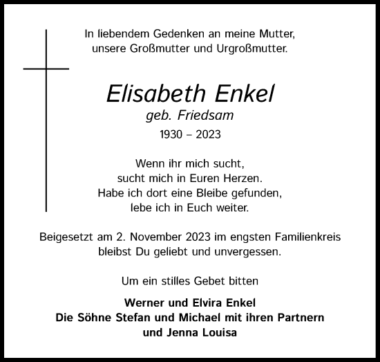 Anzeige von Elisabeth Enkel von Kölner Stadt-Anzeiger / Kölnische Rundschau / Express