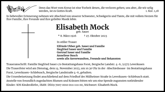 Anzeige von Elisabeth Mock von Kölner Stadt-Anzeiger / Kölnische Rundschau / Express