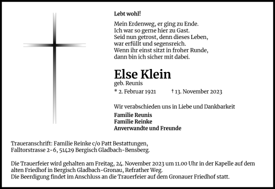 Anzeige von Else Klein von Kölner Stadt-Anzeiger / Kölnische Rundschau / Express