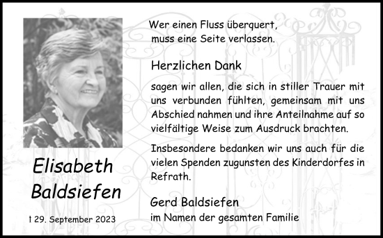 Anzeige von Elsiabeth Baldsiefen von Kölner Stadt-Anzeiger / Kölnische Rundschau / Express