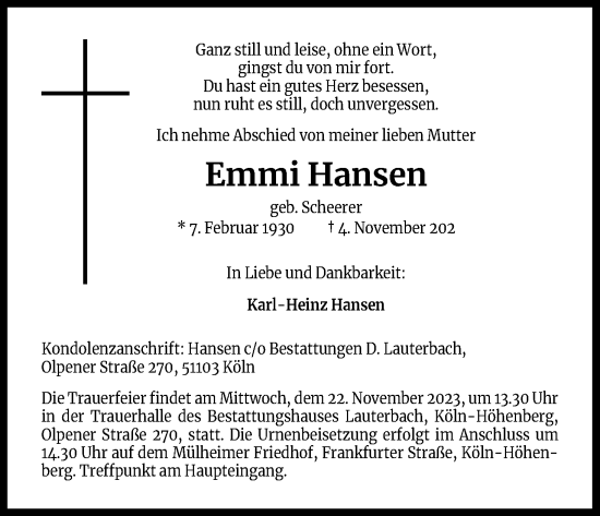 Anzeige von Emmi Hansen von Kölner Stadt-Anzeiger / Kölnische Rundschau / Express
