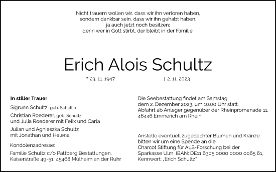 Anzeige von Erich Alois Schultz von Kölner Stadt-Anzeiger / Kölnische Rundschau / Express