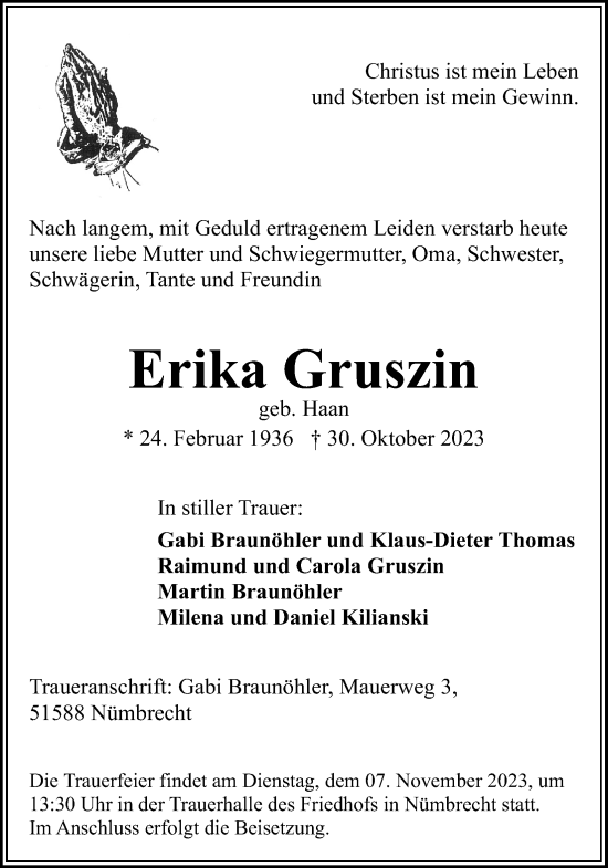 Anzeige von Erika Gruszin von Kölner Stadt-Anzeiger / Kölnische Rundschau / Express