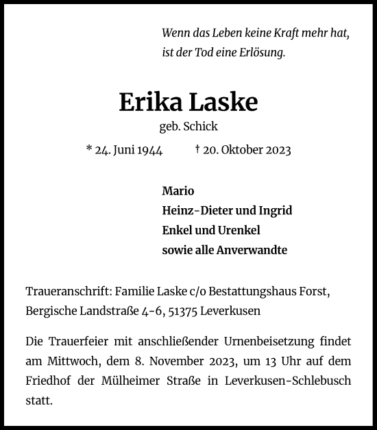 Anzeige von Erika Laske von Kölner Stadt-Anzeiger / Kölnische Rundschau / Express