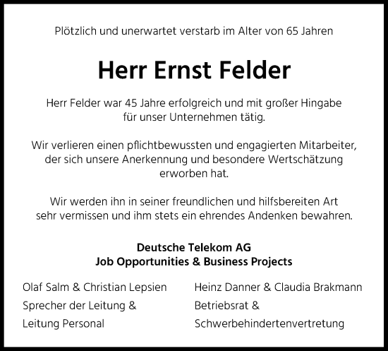 Anzeige von Ernst Felder von Kölner Stadt-Anzeiger / Kölnische Rundschau / Express