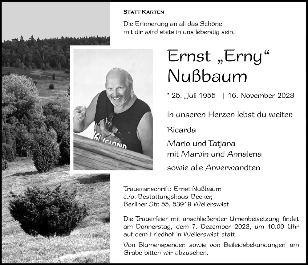  Traueranzeige für Ernst Nußbaum vom 25.11.2023 aus  Blickpunkt Euskirchen 