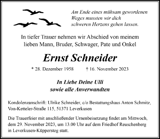 Anzeige von Ernst Schneider von  Lokale Informationen 