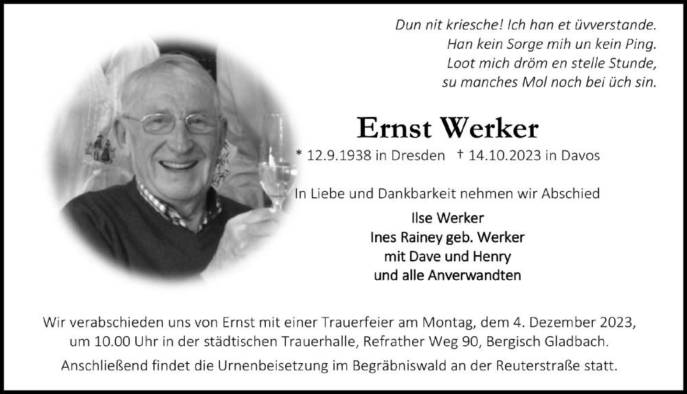  Traueranzeige für Ernst Werker vom 24.11.2023 aus  Bergisches Handelsblatt 