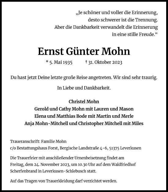 Anzeige von Ernst Günter Mohn von Kölner Stadt-Anzeiger / Kölnische Rundschau / Express