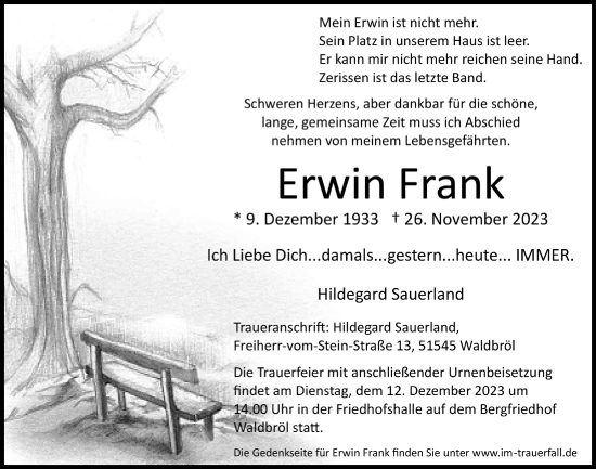 Anzeige von Erwin Frank von  Lokalanzeiger 