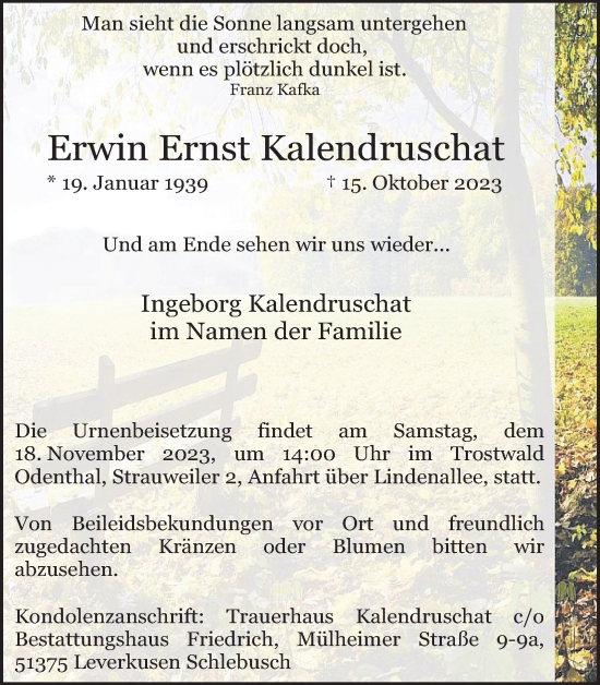 Anzeige von Erwin Ernst Kalendruschat von Kölner Stadt-Anzeiger / Kölnische Rundschau / Express