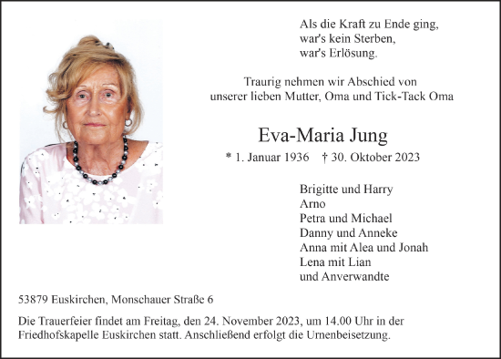 Anzeige von Eva-Maria Jung von  Blickpunkt Euskirchen 