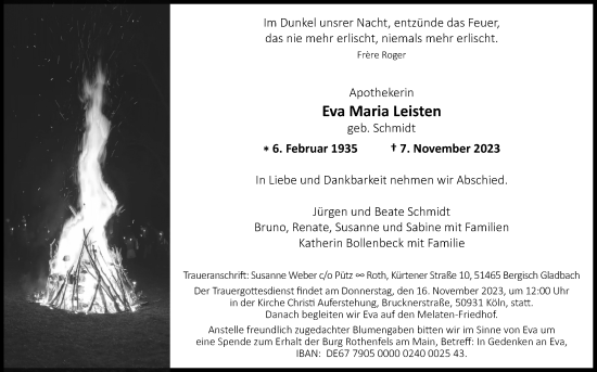 Anzeige von Eva Maria Leisten von Kölner Stadt-Anzeiger / Kölnische Rundschau / Express