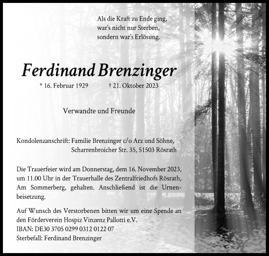 Anzeige von Ferdinand Brenzinger von Kölner Stadt-Anzeiger / Kölnische Rundschau / Express