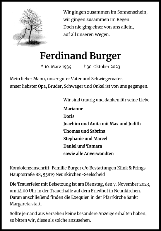 Anzeige von Ferdinand Burger von Kölner Stadt-Anzeiger / Kölnische Rundschau / Express
