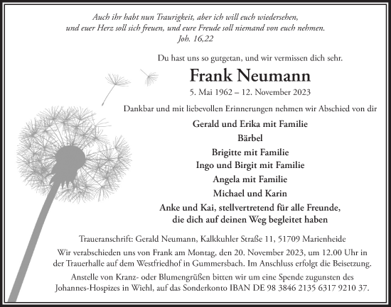 Anzeige von Frank Neumann von  Anzeigen Echo 