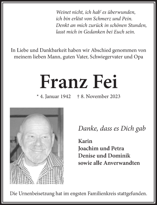Anzeige von Franz Fei von  Wochenende 