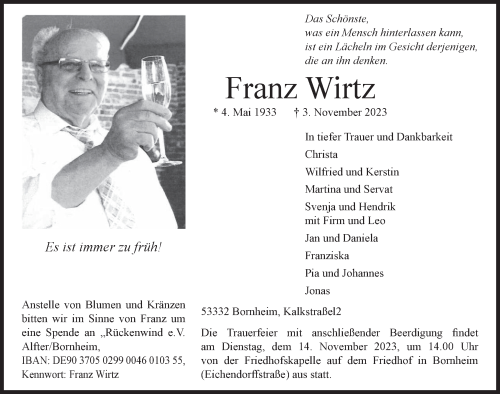  Traueranzeige für Franz Wirtz vom 10.11.2023 aus  Schaufenster/Blickpunkt 