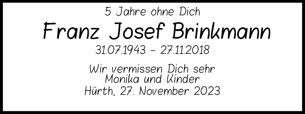  Traueranzeige für Franz Josef Brinkmann vom 27.11.2023 aus Kölner Stadt-Anzeiger / Kölnische Rundschau / Express
